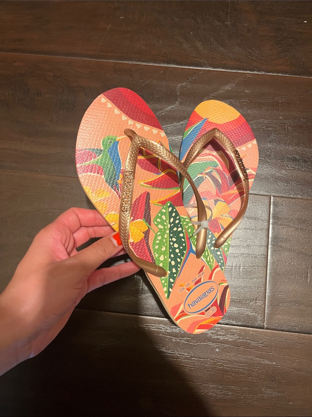 Havaianas Floral Tropical Flip Flops - Gold Straps, Multicolor Print